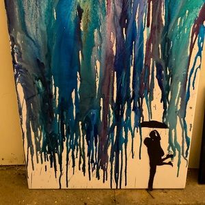 Couple kissing in the rain wall crayon art